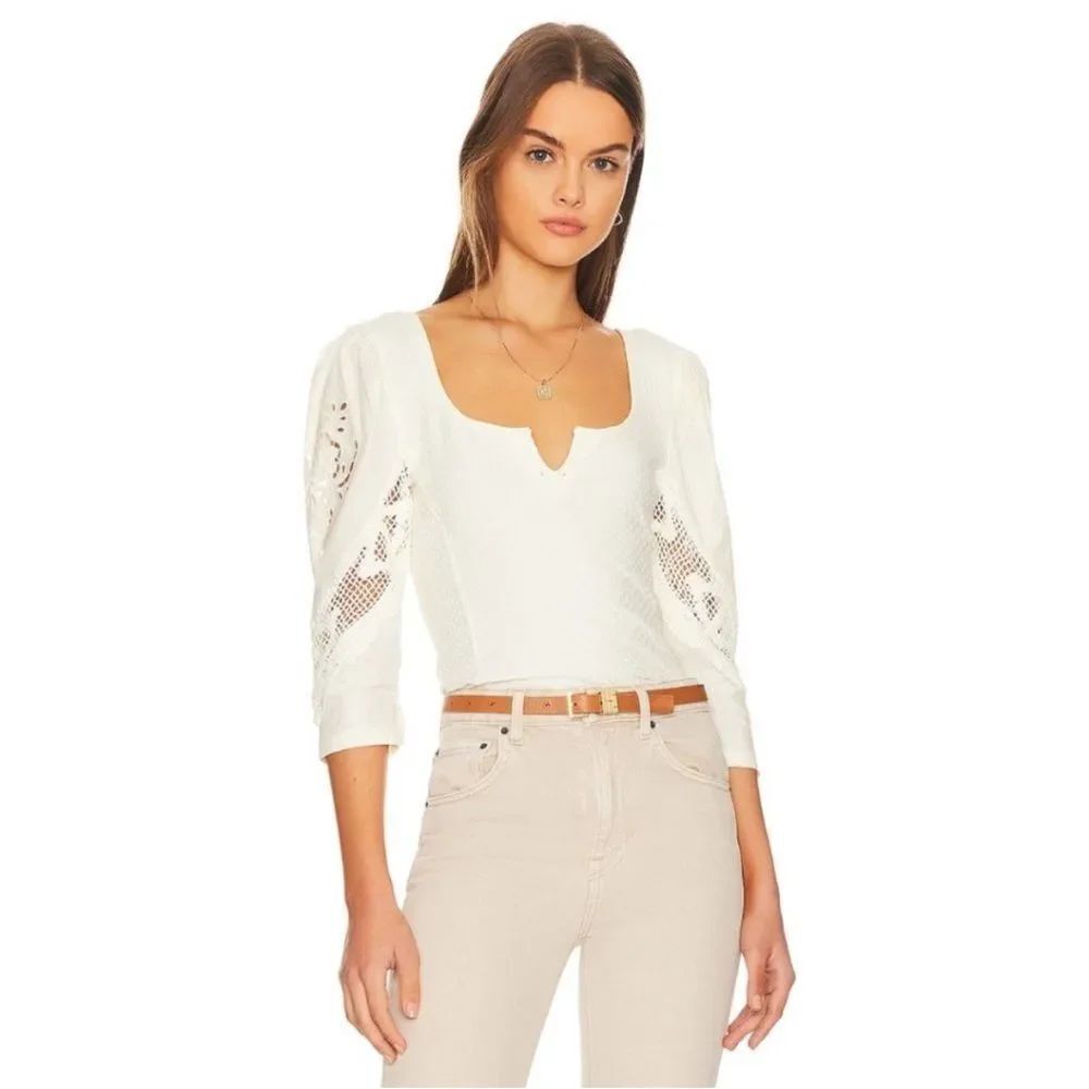 FREE PEOPLE | NEW Brunch Date Off White Lace Sleeve Top Women’s Size Small
